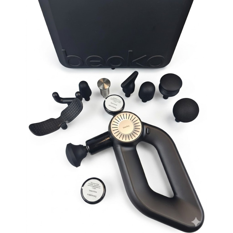 Beoka D6 Pro — перкусійний масажер з гарячою насадкою, поворотною рукояткою 90°, 9 насадками та 30 кг зусиллям